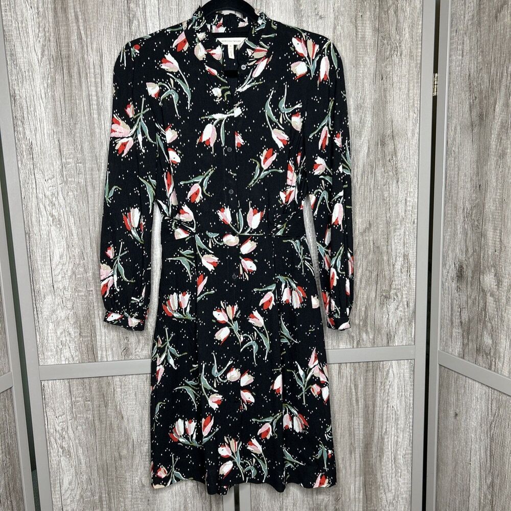 Rebecca Taylor Dress Short Black With Floral Print Button Down Long Sleeves Sz 0